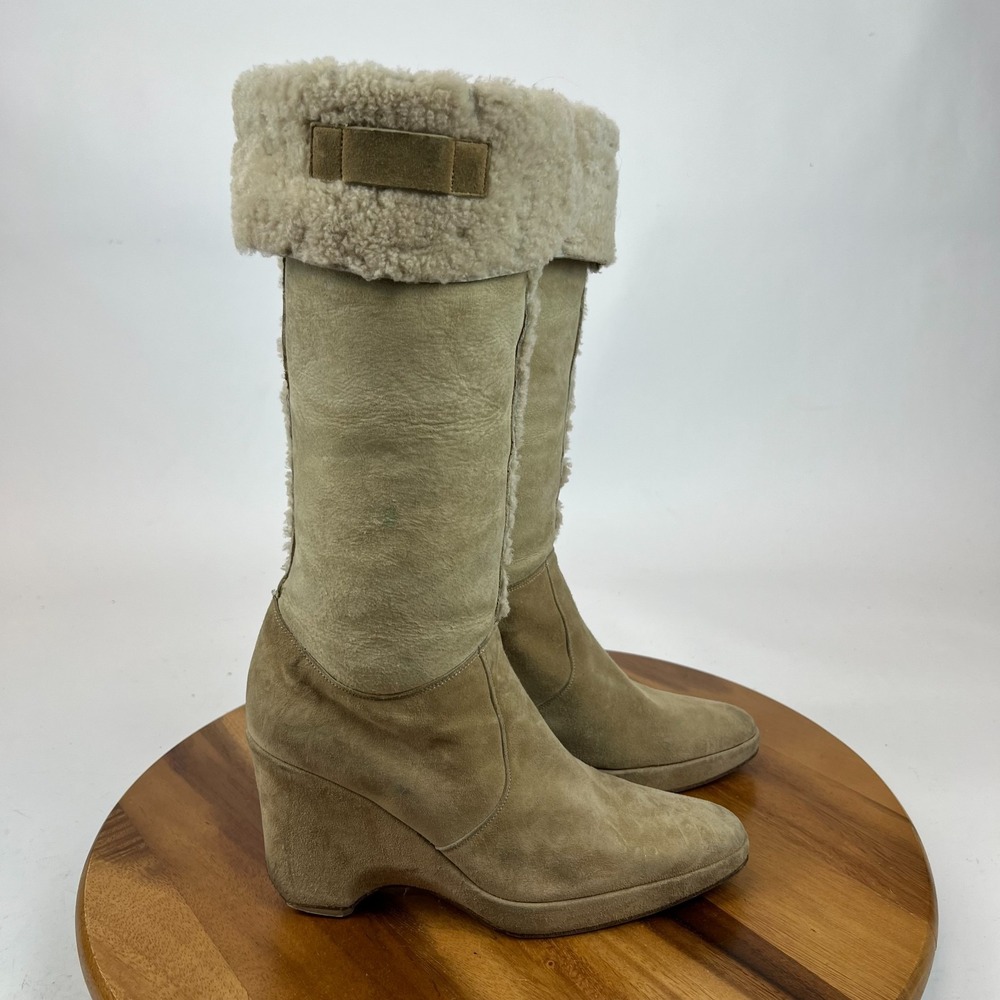 Womens Helmut Lang Beige Suede Shearling Wedge Heeled Lined‎ Boots Size 36 US 6